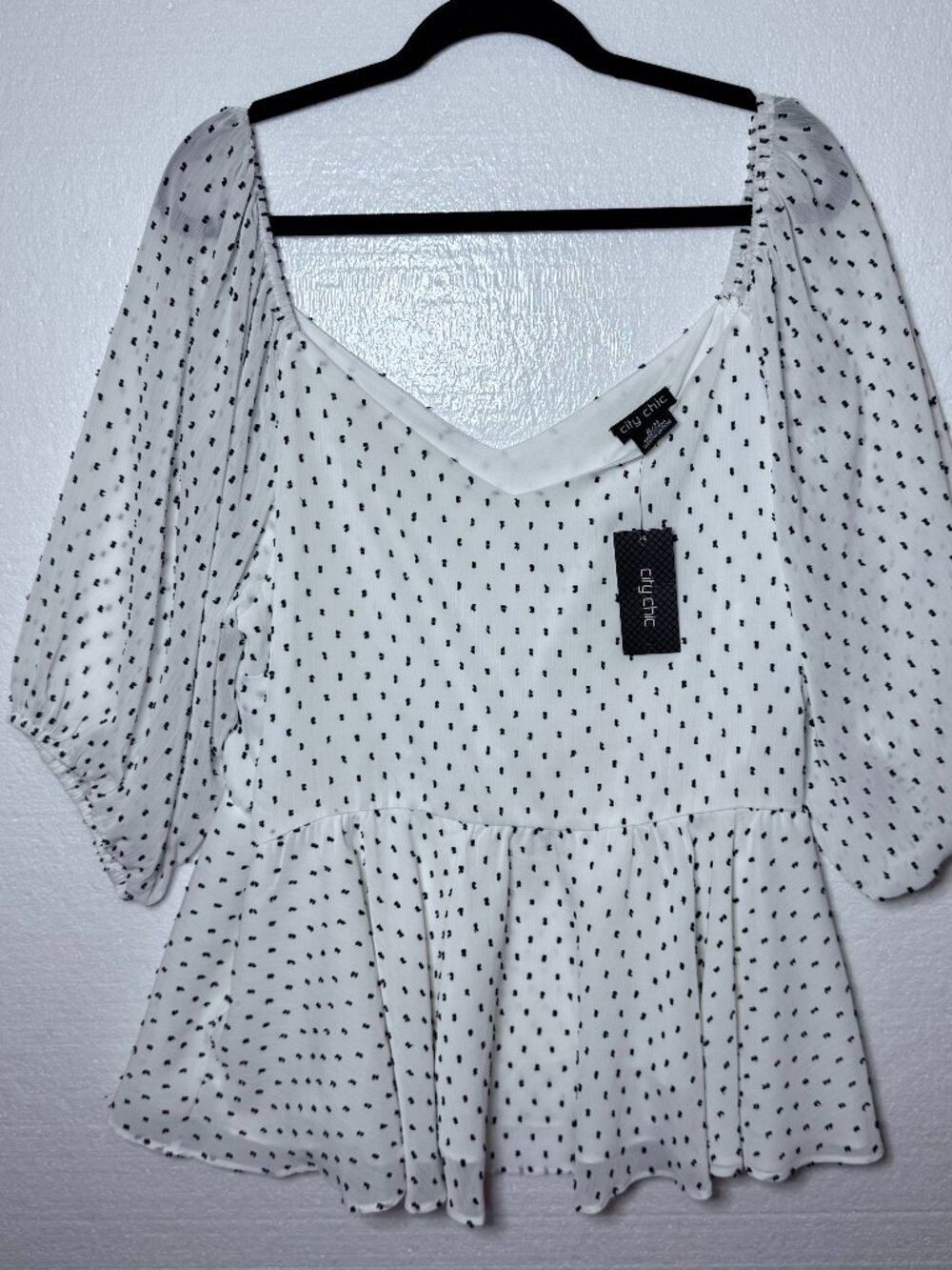 City Chic New Sz XL 22 White Polka Dot Top Bay Spot Peplum Square Neck Puff Slv